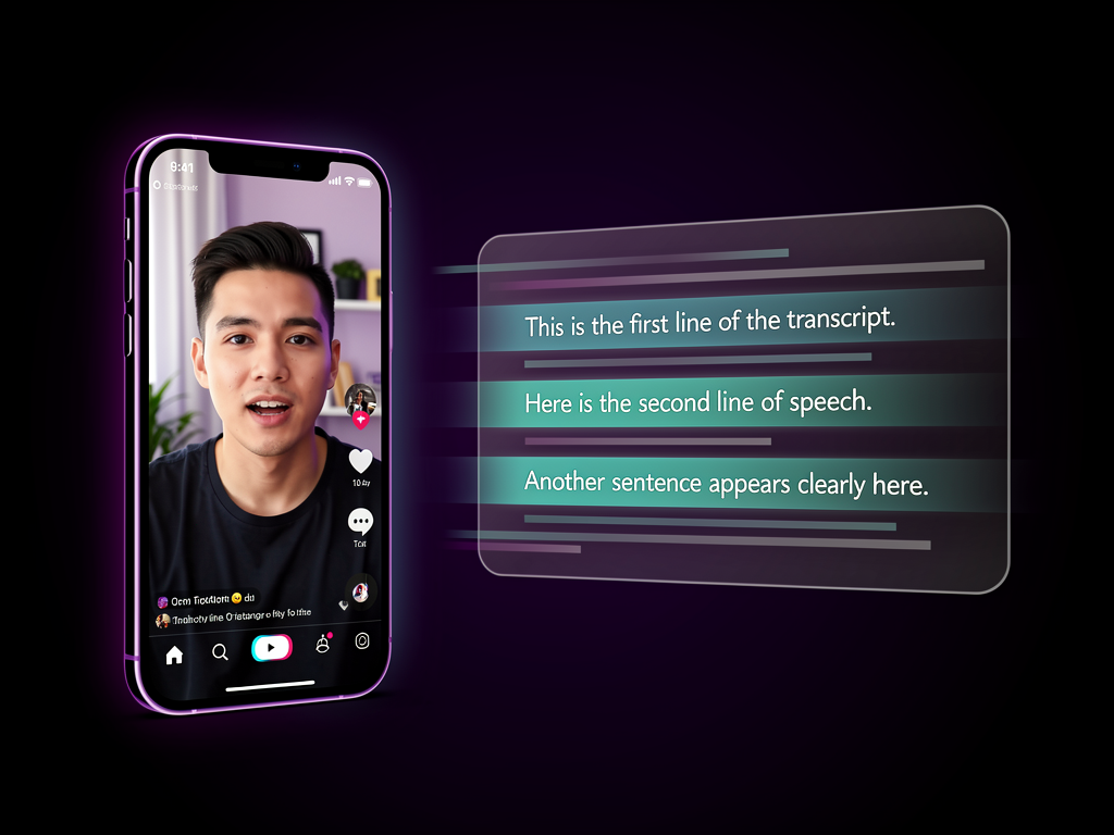 Free TikTok to Text Converter — smartphone showing a TikTok video with an AI-generated transcript panel appearing beside it, purple and teal color palette, modern flat tech design