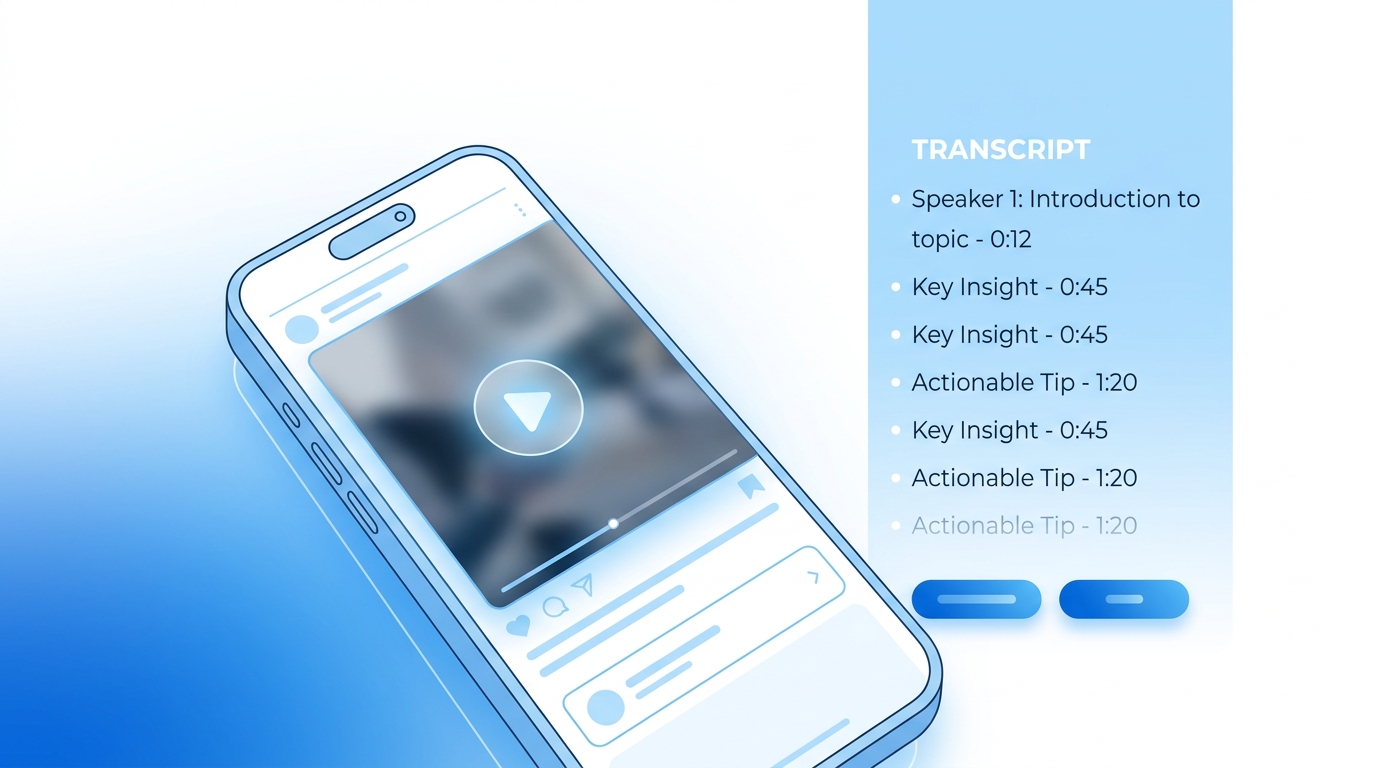 YouTube Shorts transcription — smartphone showing a YouTube Shorts video with an AI-generated transcript panel appearing beside it, blue and white minimalist tech design