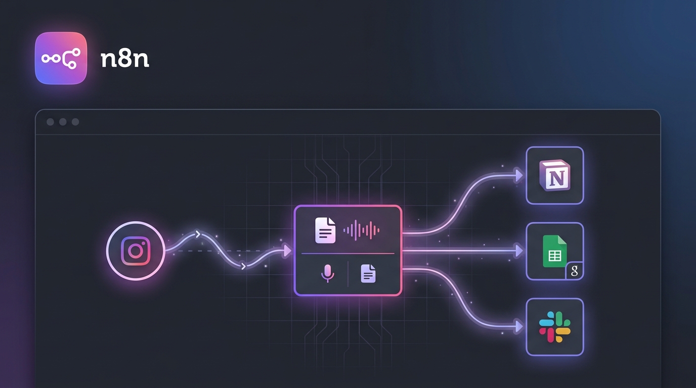 n8n Instagram Transcription Workflow — dark n8n workflow canvas showing connected nodes: Instagram icon feeding into a transcription node, then outputting to Notion, Google Sheets, and Slack, with purple and pink gradient accents