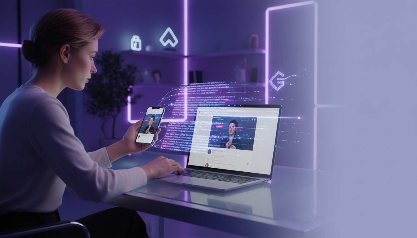 A content creator at a modern desk looking at Instagram Reels on their phone and laptop screen, with a glowing transcript text overlay appearing from the video — AI-powered Instagram transcription tool by GetTranscribe, purple and blue gradient