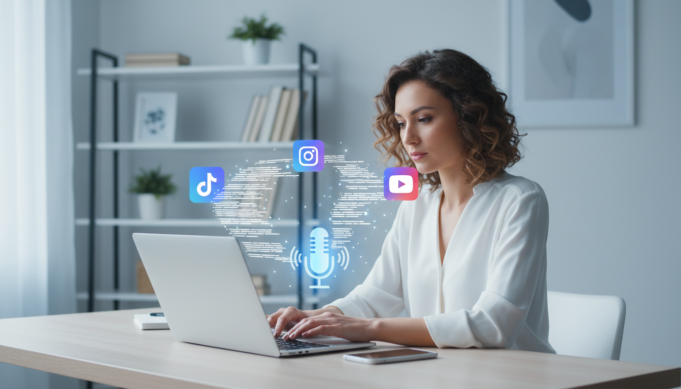 Best Transcription Tool for Content Creators 2026 — a content creator on laptop with TikTok, Instagram, and YouTube icons transforming into text transcripts