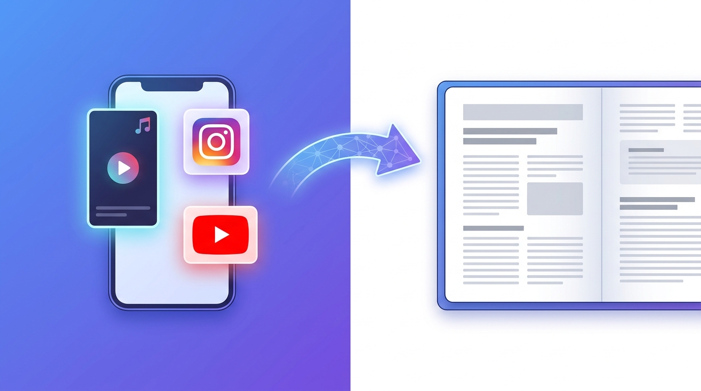 Hero image: A phone showing TikTok, Instagram, and YouTube icons on the left, a glowing AI arrow in the center, and a blog post document on the right — blue-purple gradient background