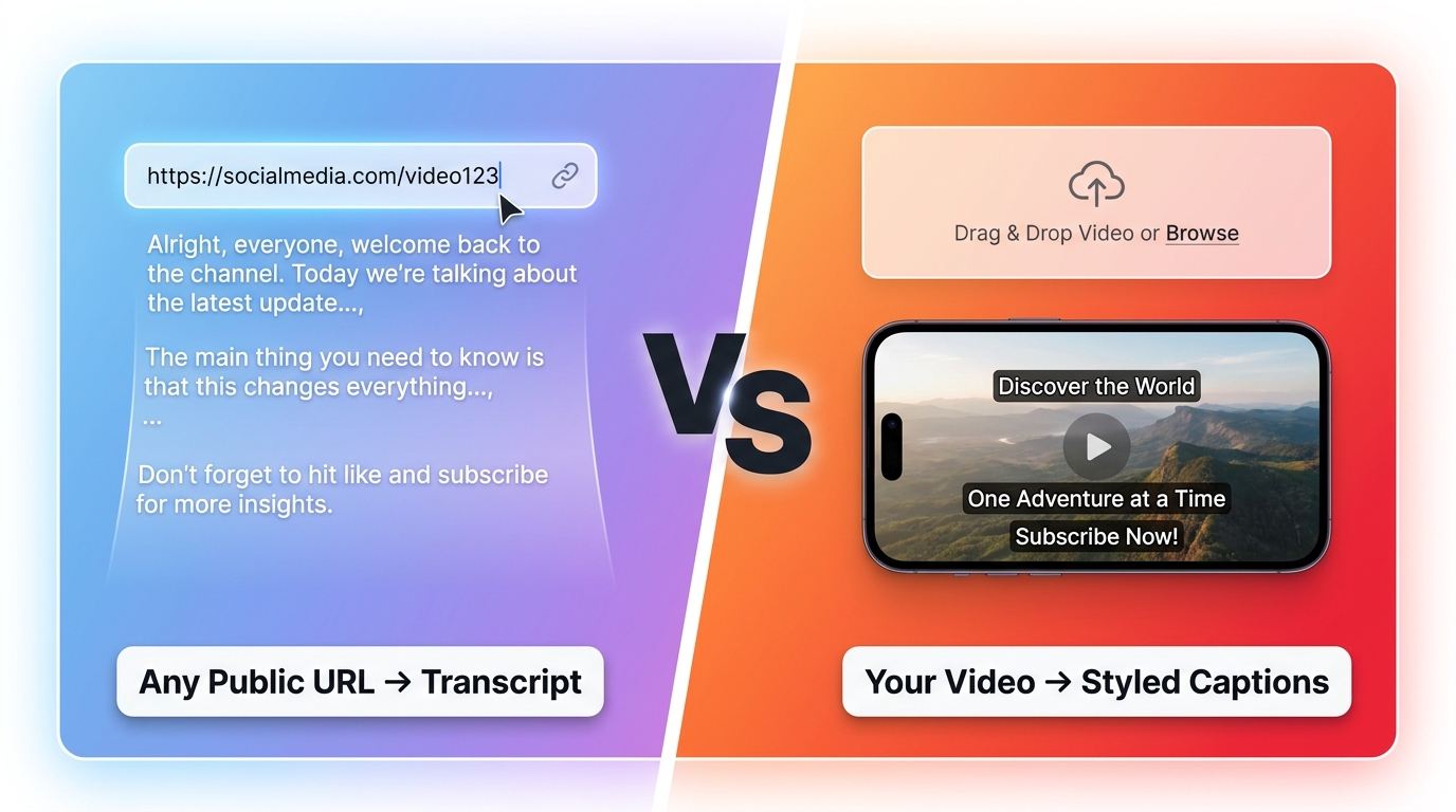 GetTranscribe vs CapCut comparison: split-screen showing URL paste transcript workflow vs video file import with caption overlays